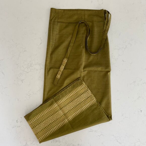 Sari Maxi Wrap Skirt w Embroidered 5" Gold Border Olive Green Sz OS - no tags - Picture 5 of 10